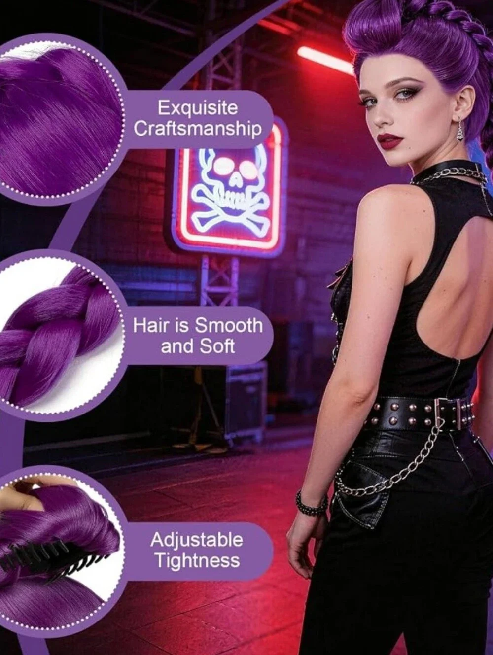 Long Purple Braided Wig - Women Hair